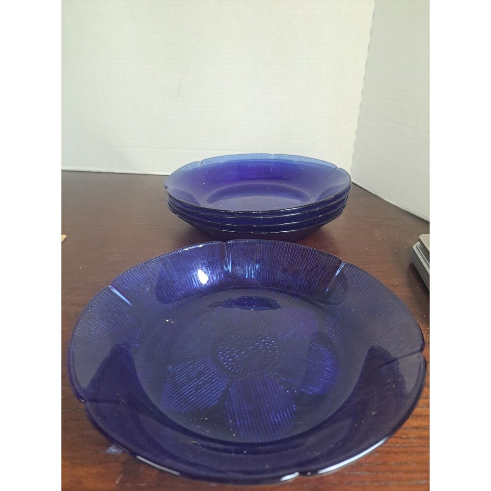 Set Of 5 1950s Forte Crisa Blue Cobalt Sunflower Textured Glass Salad Plates